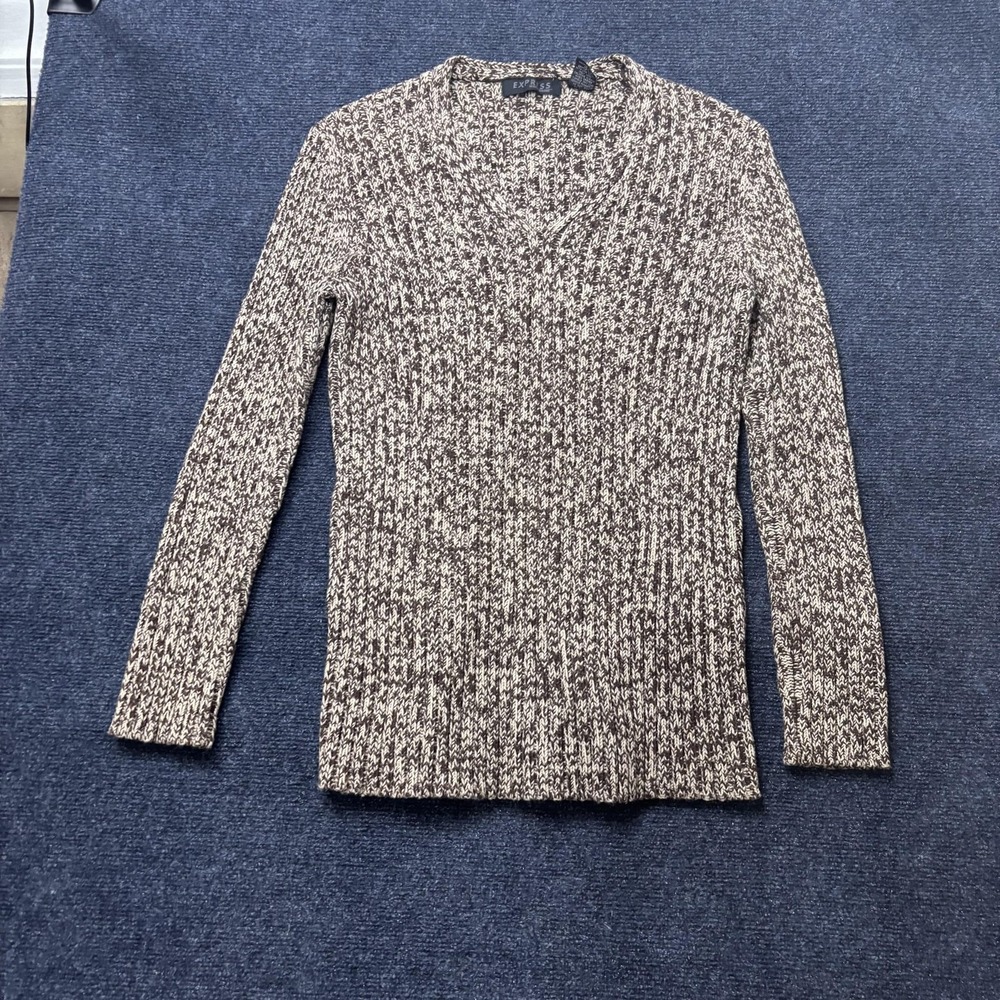 Express World Brand Sweater Women Large Brown V Neck Ribbed Marled Knit Pullover